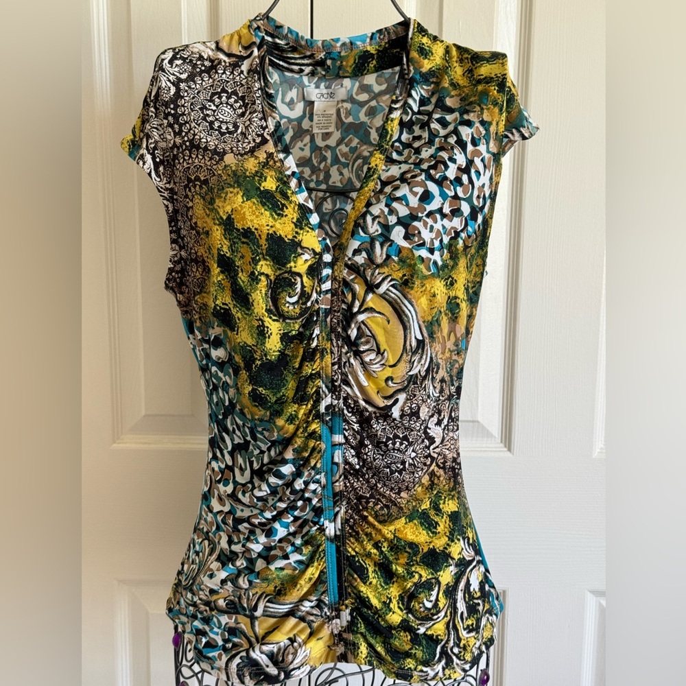 Cache Y2K rushed top women’s multicolor animal print baroque stretch blouse. M